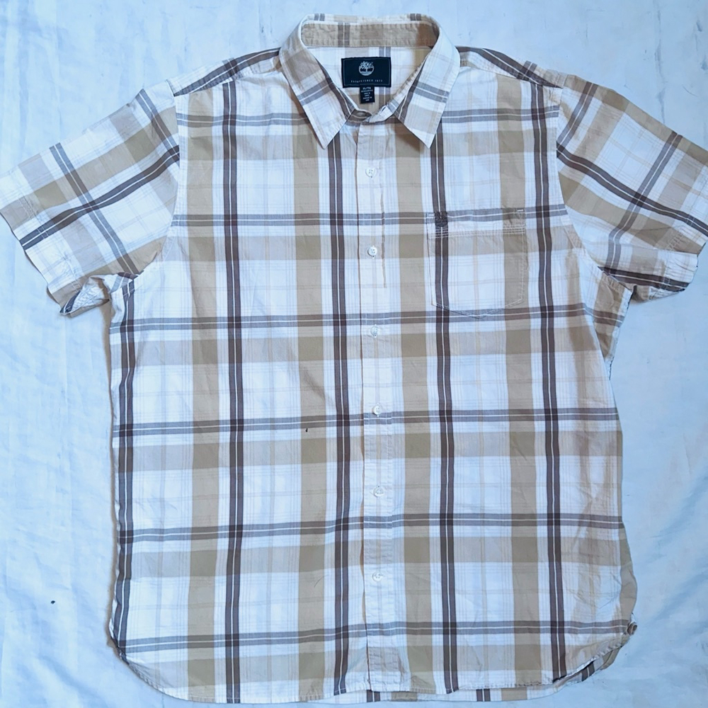 EUC Men’s XL Timberland SS Cotton Brown/Tan Plaid Button Up Shirt